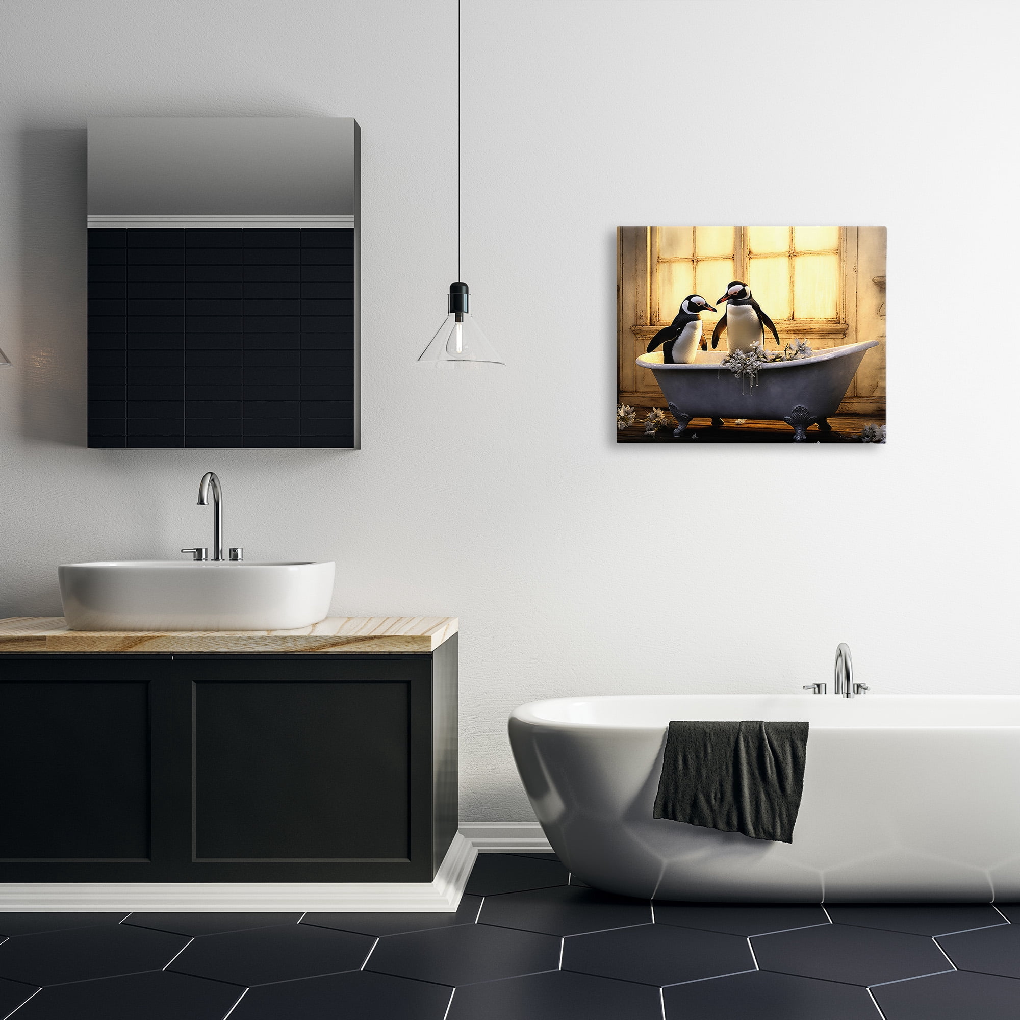 Stupell Industries Penguins in Sunlit Bath Animals & Insects Painting Gallery Wrapped Canvas Art Print Wall Art, 30 x 24
