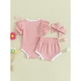 thumbnail image 3 of Infant Baby Girls Summer Outfits Contrast Colors Ribbed Short Sleeve Romper and Shorts Headband Set, 3 of 8
