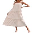 thumbnail image 3 of PENGXIANG Robe Longue Maxi à Bretelles Spaghetti d'Été pour Femmes Robe à Volants Haute Basse Robe Longue Ample à Étages Fluide de Plage Abricot TG, 3 of 6