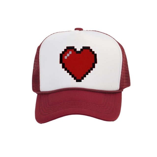 Men's 80's Retro Large 8 Bit Pixelated Heart Gamer Trucker Hat, White/Wine
