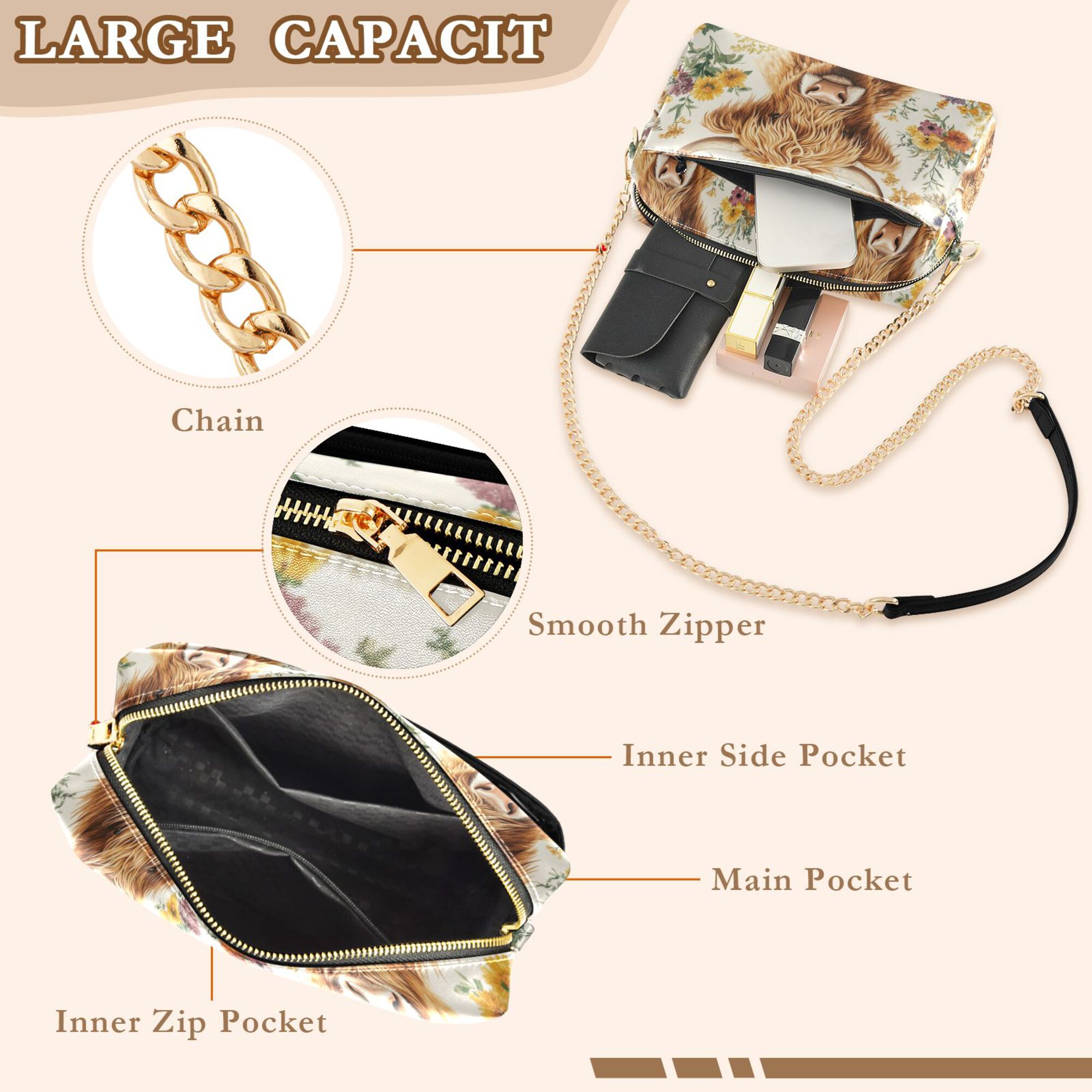 FORMRS Women Crossbody Purse with Chain Strap Vegan Leather Shoulder Handbag, Floral Cow