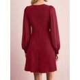 thumbnail image 4 of Women'S Spring Round Neck Button Detail Slim Fit Long Sleeve Solid Color Dress Midi Wine Red S, 4 of 8
