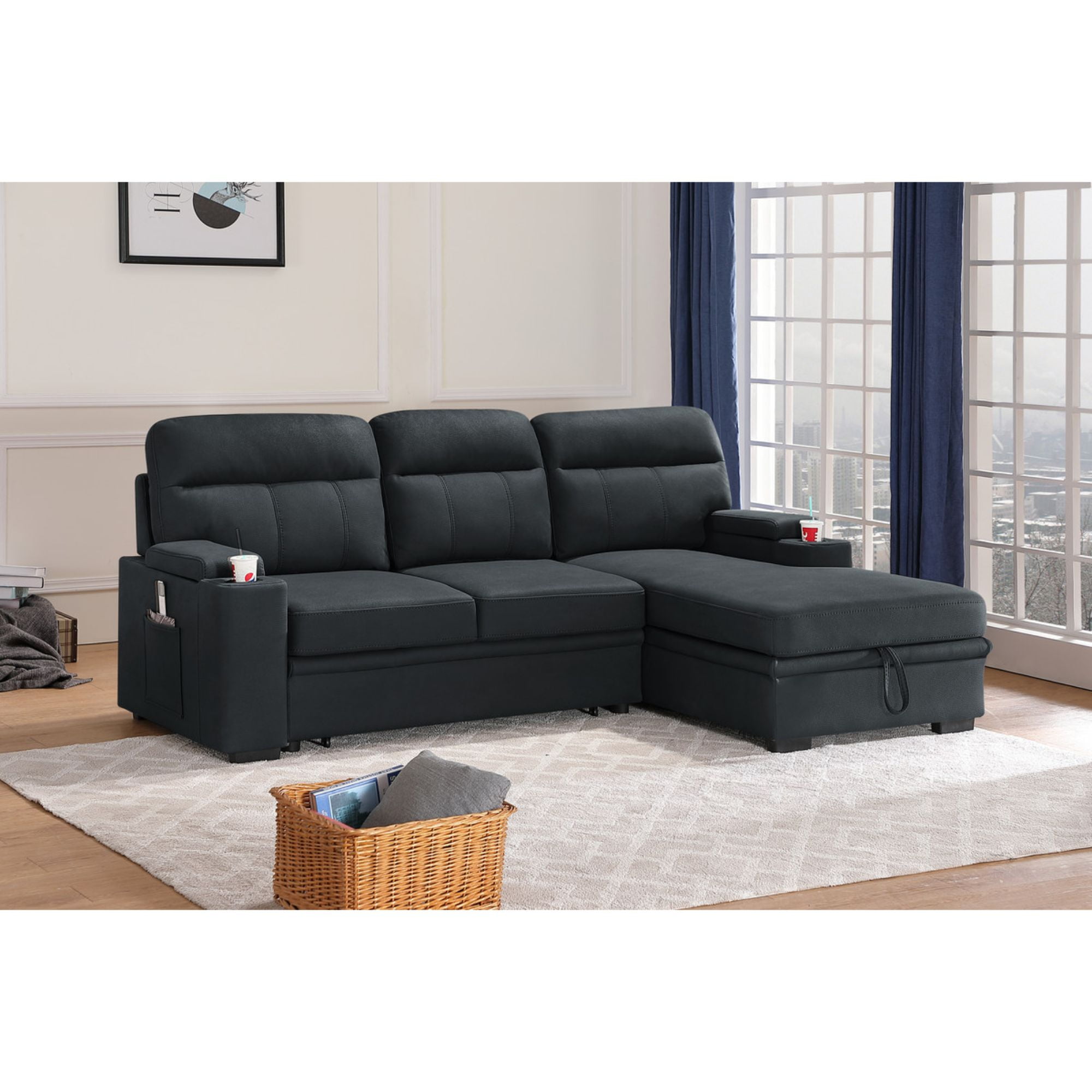 94 Kaden Gray Fabric Sleeper Sectional, Kaden Fabric Sleeper Sectional Sofa With Storage Chaise And Arms