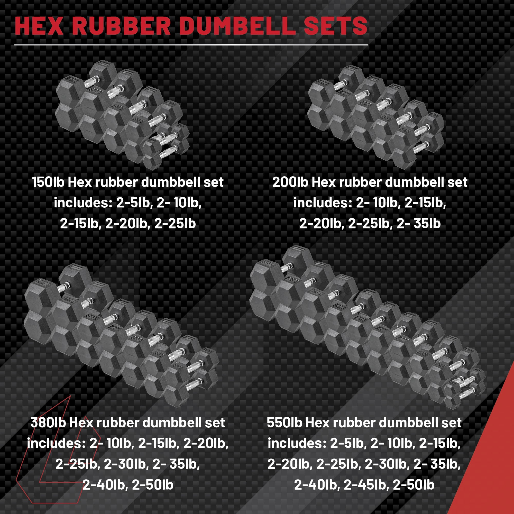 Lifeline Fitness Hex Rubber Dumbbell 380lb Weight Set (Multiple Weight Sets Available)