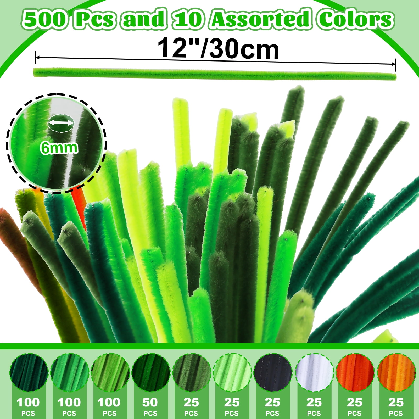 Yalumo 500 Pieces Pipe Cleaners Craft Supplies, Green Pipe Cleaners Bulk for DIY Crafts, 12 Inch Fuzzy Chenille Stems Sticks Set