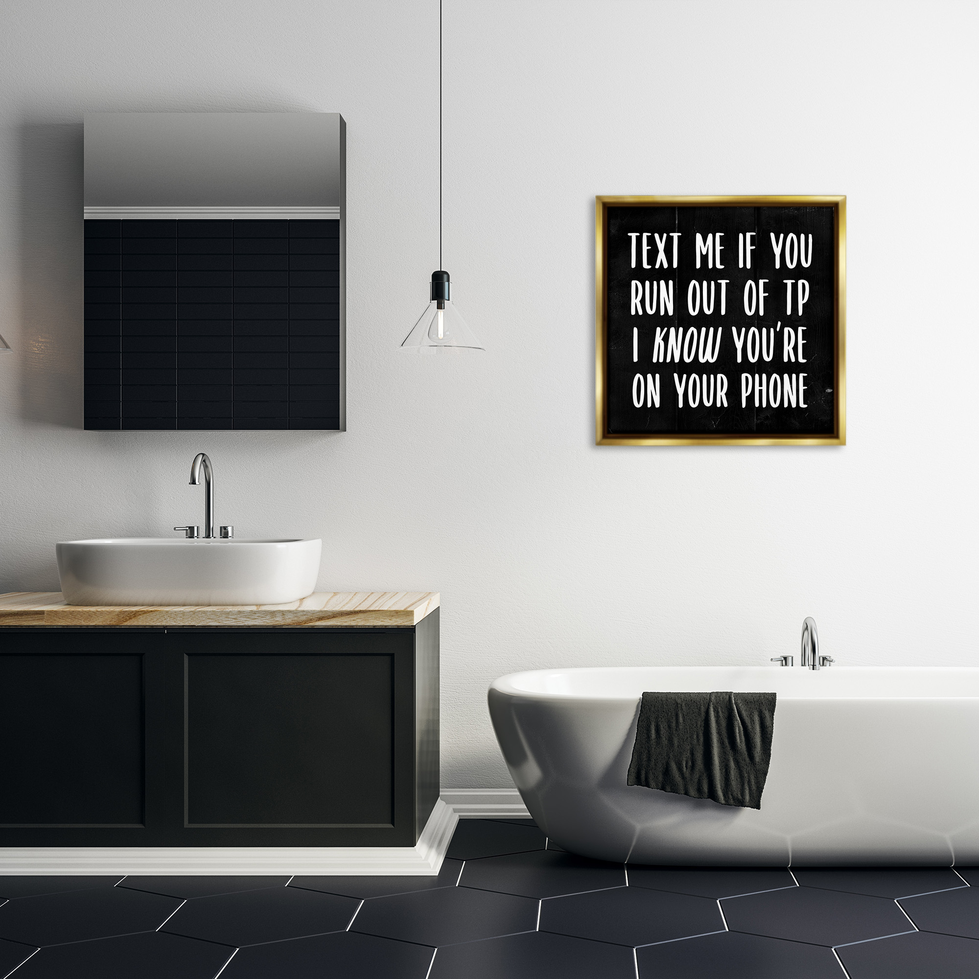 Stupell Industries Text Me For TP Funny Bathroom Typography Painting Gold Floater Framed Canvas Art Print Wall Art, 25 x 25