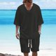 thumbnail image 5 of Blusa de Manga Corta Hombres de Moda Casual Sólido Turndown Top Blusas Traje Conjunto, Traje de Dos Piezas para Diario Y Casual, 5 of 6