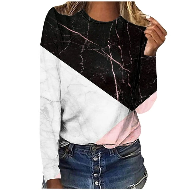 Nouveaux Hauts pour Femmes 2023 Imprimé Décontracté Ample Col Rond Grande Taille Manches Longues T-shirt Blouse