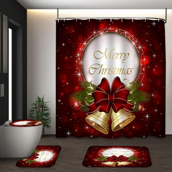 LVRLVR 4Pcs Merry Christmas Bells Bathroom Decor Set - Red Shower Curtain, Rugs & Toilet Seat Cover, 70.8 x 70.8in