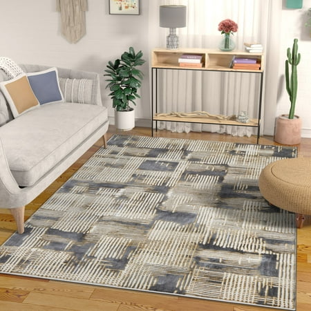 - Canny Grey & Yellow Modern Geometric High-Low Pile Area Rug 5x7 (5'3