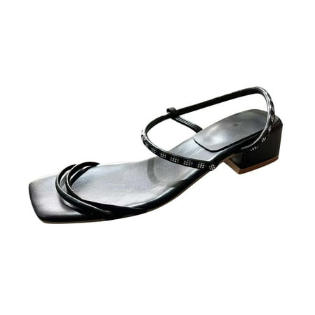 

Womens Sandals Clearance Summer Casual Square Head Sandals Middle Heel Solid Color Fashion Sandals