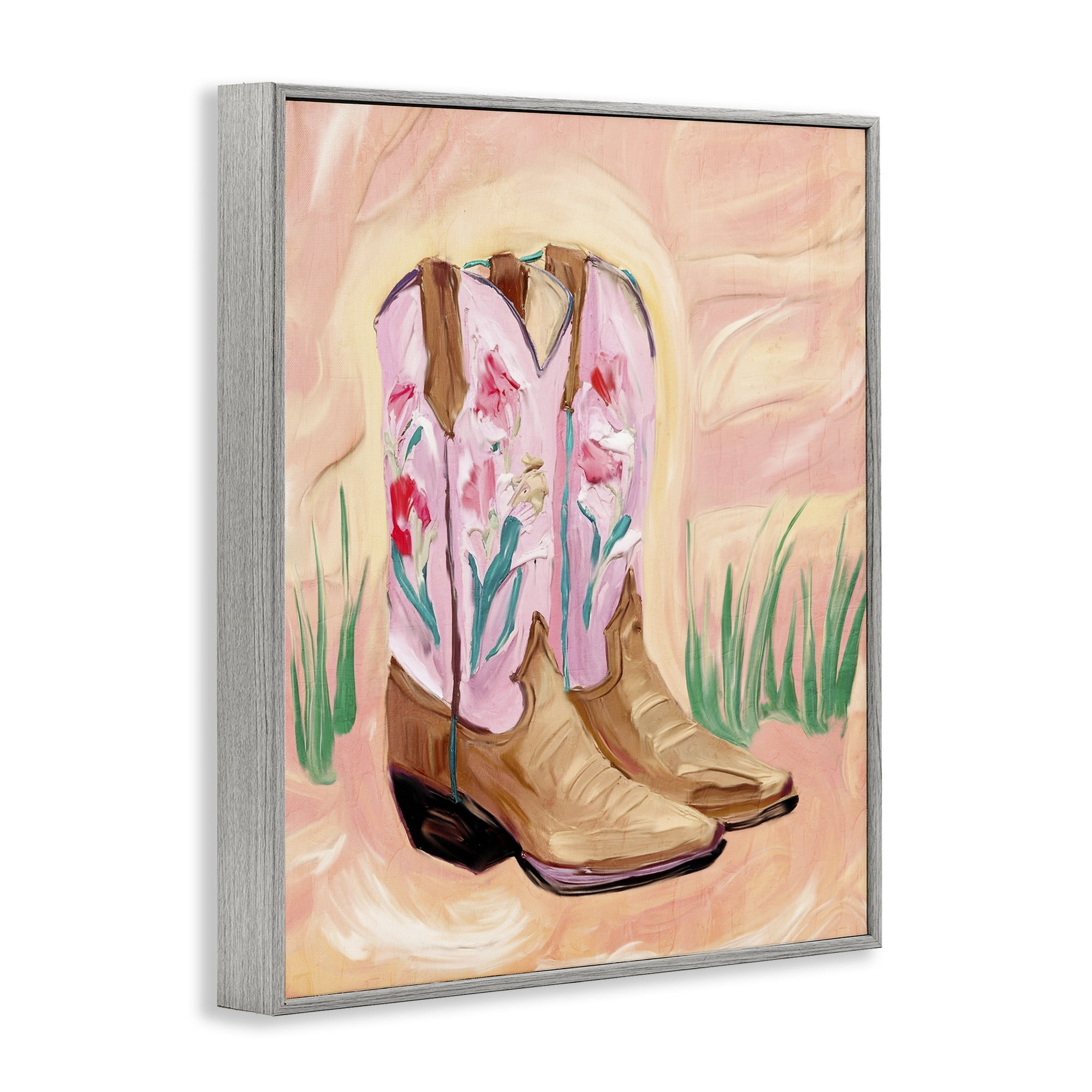Floral Pinks Boots Gray Framed Giclee Art, design by Kim Allen