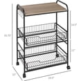 thumbnail image 3 of HOMCOM 3-tier Rolling Cart, Slim Kitchen Cart with Wheels, 2 Sliding Baskets, Microwave Cart with Side Hooks for Dining Room, Oak Wood Tone, 3 of 9