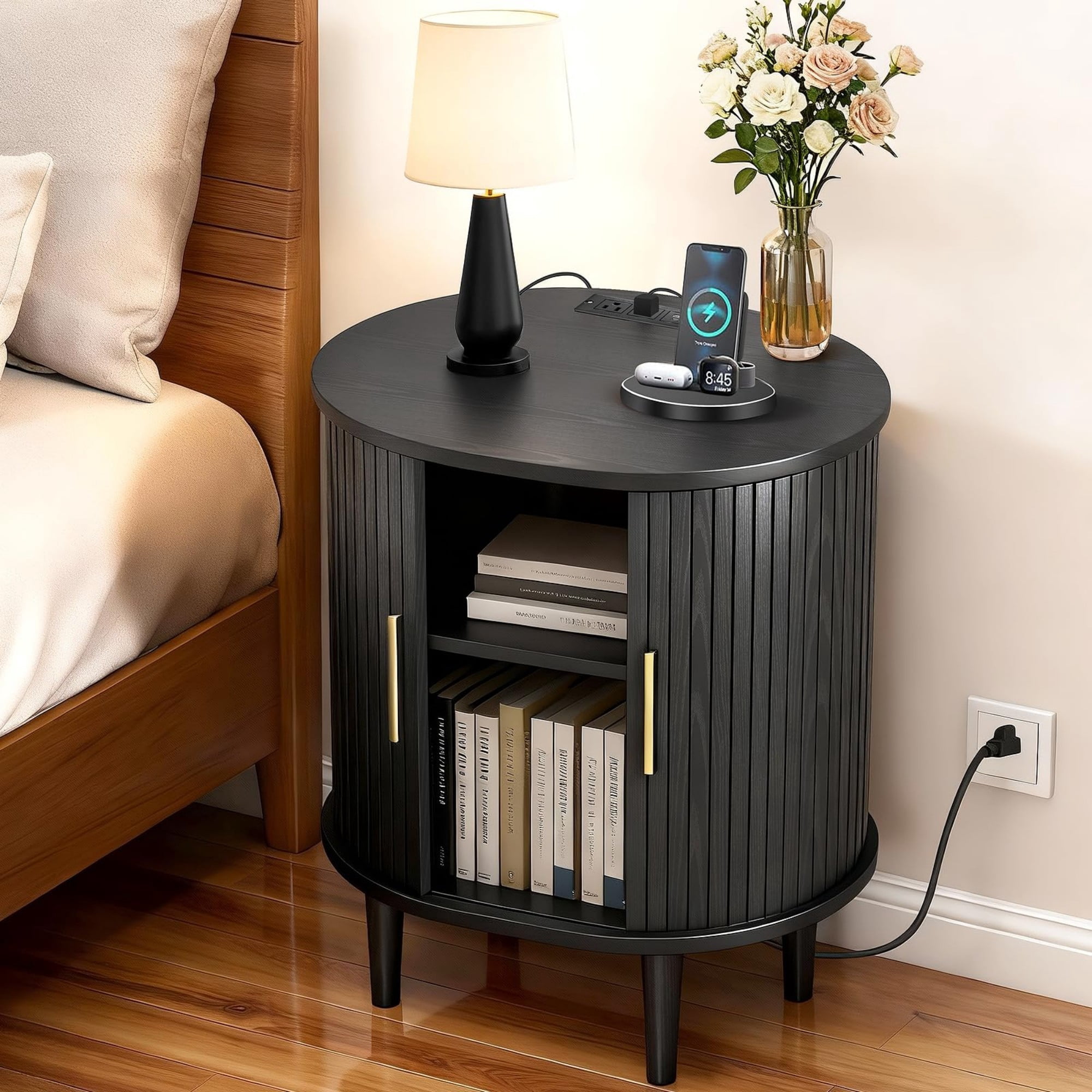Mid Century Modern Nightstand with Charging Station, Fluted Side Table with Sliding Door & Adjustable Shelf, Black