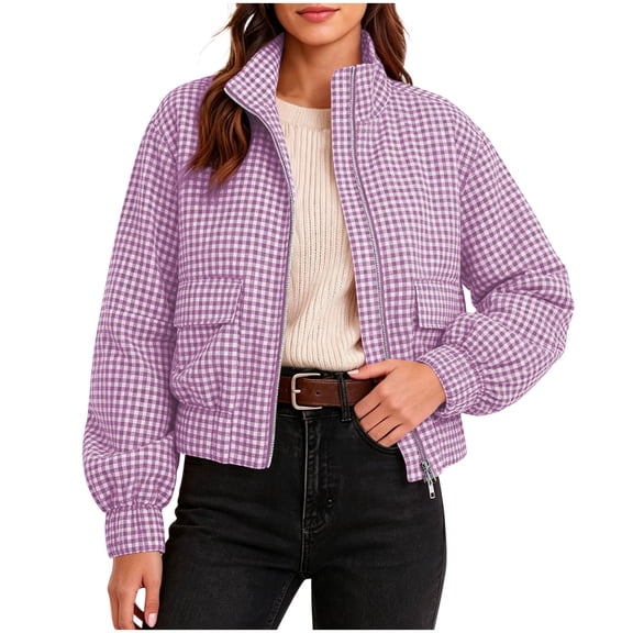 APEXFWDT Women Gingham Plaid Quilted Jacket Stand Collar Full Zip Lightweight Cropped Coat with Pockets