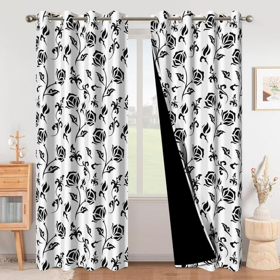 Black and White Floral Blackout Curtains, Room Darkening Blackout Curtains for Bedroom Living Room Farmhouse, Grommet Thermal Insulated Noise Reducing Window Drapes 42"W x 63"L (Pack of 2)