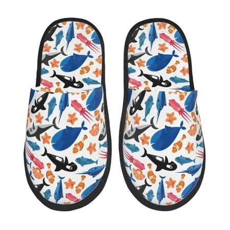 Balery Cute Sea Animals Slient Indoor Furry Fleece Comfort House Shoes Soft Non-Slip Home Shoes Cotton slippers House Slippers-- Large