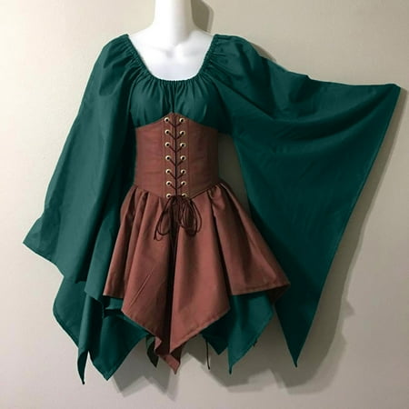 

Dresses Clearance Women Cosplay Costumes Gothic Retro Long Sleeve Corset Dress Green Khaki S Y0Y