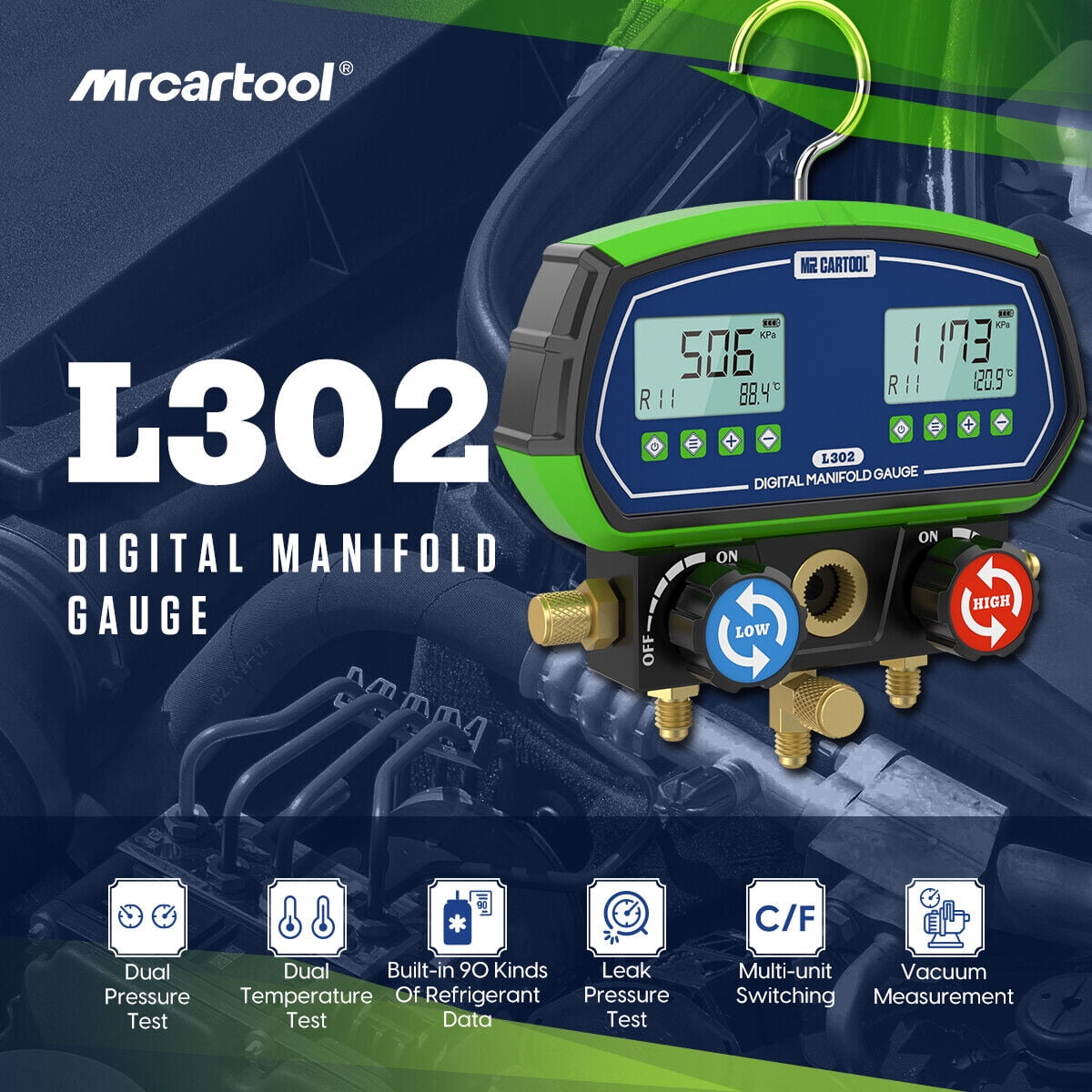Mrcartool L302 Digital Manifold Gauge Set Dual Channel 90 Refrigerants Vacuum Leak Detection for HVAC Auto AC 1 Pack