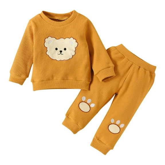 Odeerbi Toddler Boys Girls Clothes Rib Knit Fall Winter Outfits Set Fashion Baby Casual Round Neck Long Sleeve Tops Printed Long Pants Sets Orange