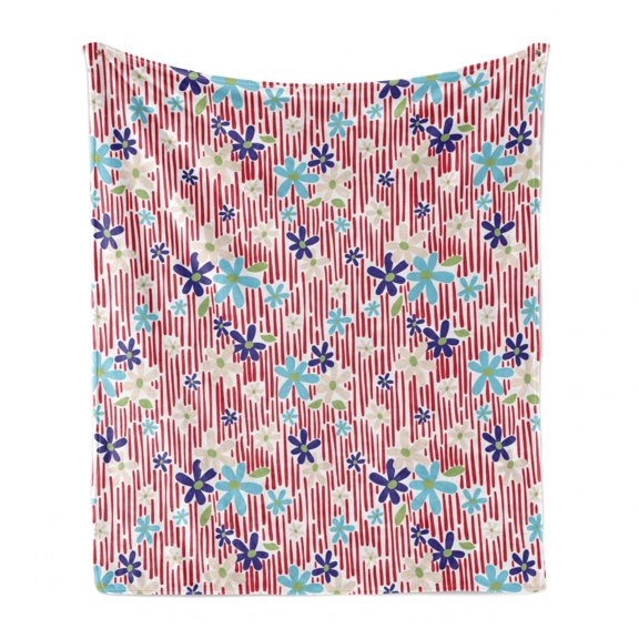 Spring Soft Flannel Fleece Blanket, Colorful Flower Petals Blossoms on Vertical Scrapbook Style Stripes Meadow, Cozy Plush for Indoor and Outdoor Use, 70" x 90", Vermilion Multicolor, by Ambesonne