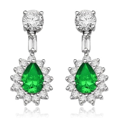 Diamond Essence Earrings with Pear Cut Emerald, Brilliant Baguettes and Round Brilliant Melee, 5.0 cts.t.w. - SED1152E