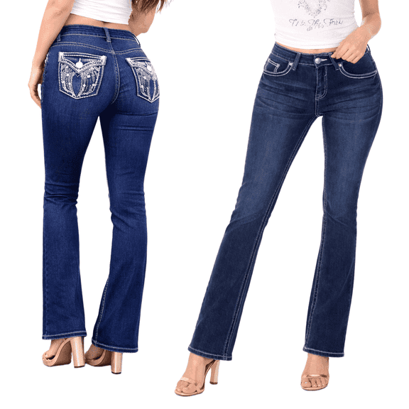 Jack David Women's Rhinestone Mid Rise Bootcut Stretchy Denim Jeans Pants (Bootcut Blue 724-pb)