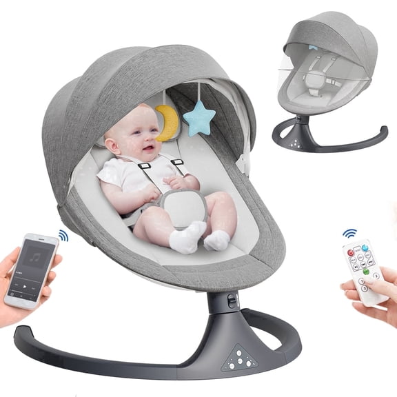 Tumajup 5 in 1 Large Baby Swing Bouncer with Rocking, Mosquito Net&Cute Toys Gray Striped for Toddler, 1 Count
