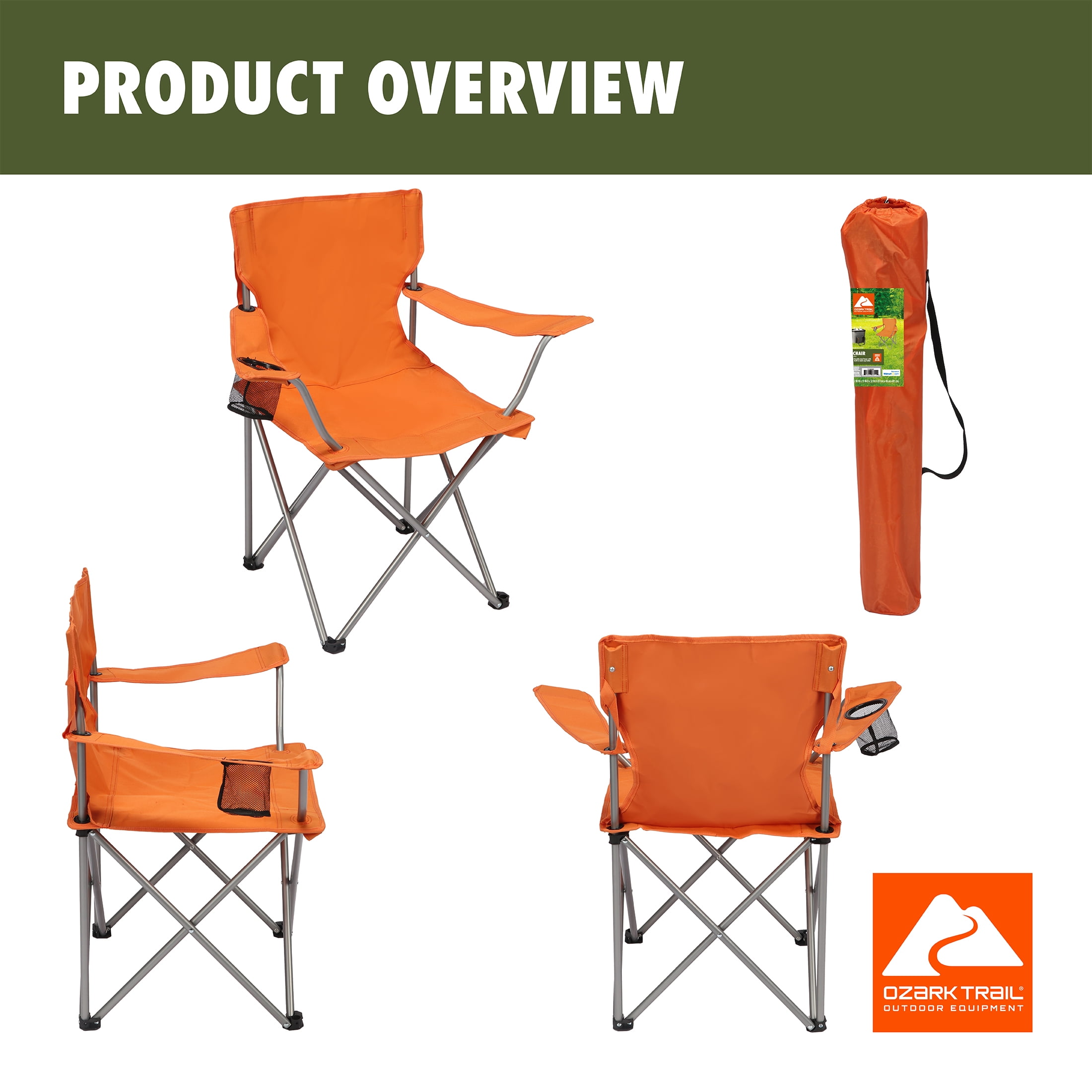 Ozark Trail Quad Folding Camp Chair with Cup Holder, Burnt Orange