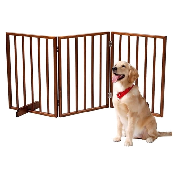 HHBEAUTY 3-Panel Indoor Foldable Gate, 24" H Freestanding Wooden Pet Barrier Fence, Pet Gate with Support Feet for Stairs, Hallways, Doorways(Brown)