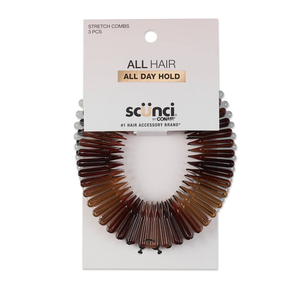 (4 pack) Scunci Effortless Beauty Flexy Stretch Hair Comb Headbands in Black, Tortoise Shell, and Clear, 3 Ct