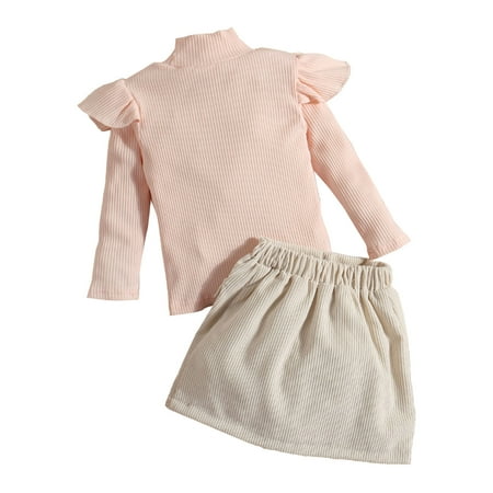 

Toddler Girls Outfit Sets Baby Cotton Autumn Long Sleeve Pullover Ribbed Ruffle Tops Skirts Set Clothes