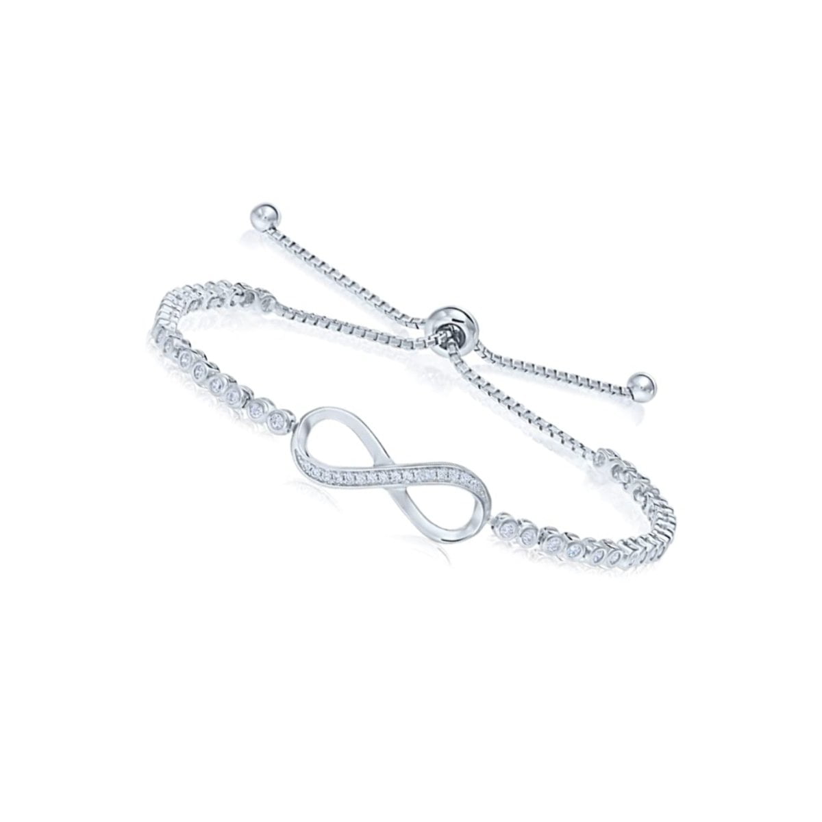 Tilo 925 Sterling Silver Cubic Zirconia Bezel-set Infinity Adjustable 7'to 9' Bolo Friendship Bracelet