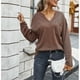 thumbnail image 2 of Blusa de mujer de manga larga de color puro con cuello en V y bolsillo para invierno otoño, 2 of 8