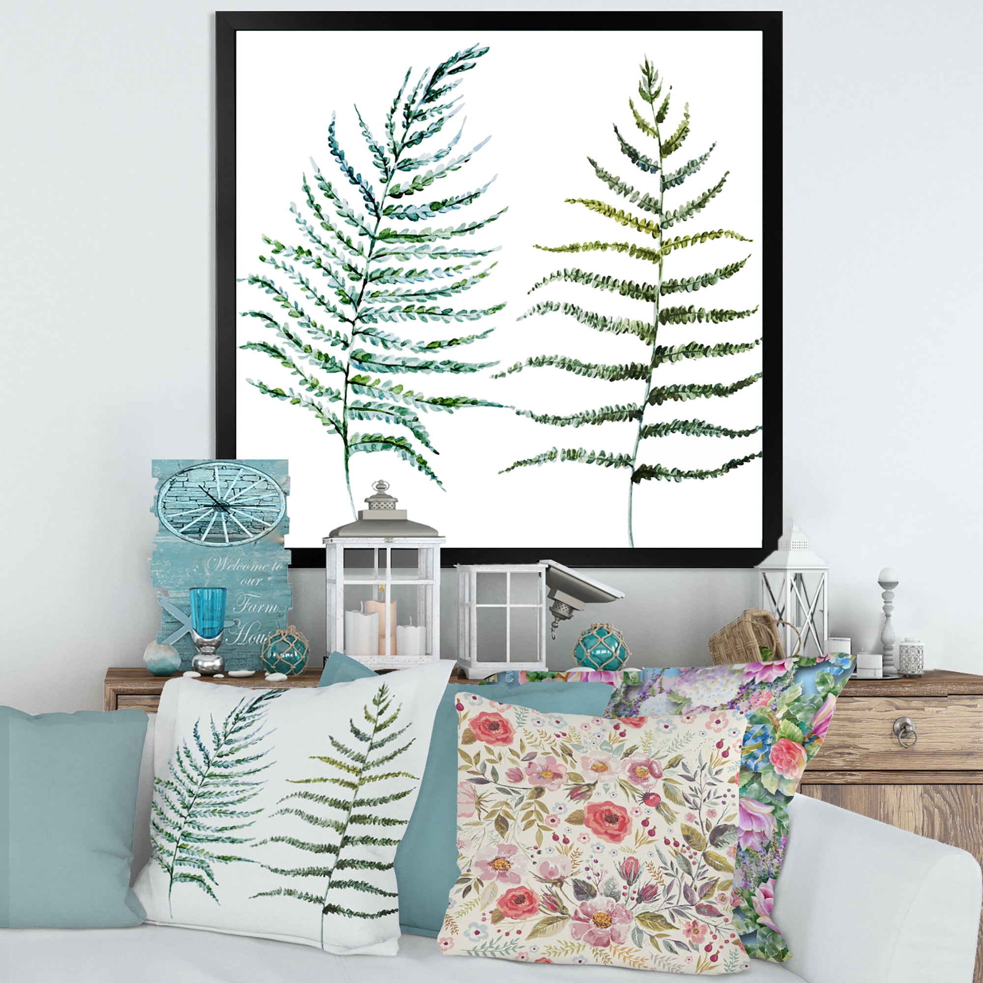 Designart 'Two Fern Leaves On White' Farmhouse Framed Art Print