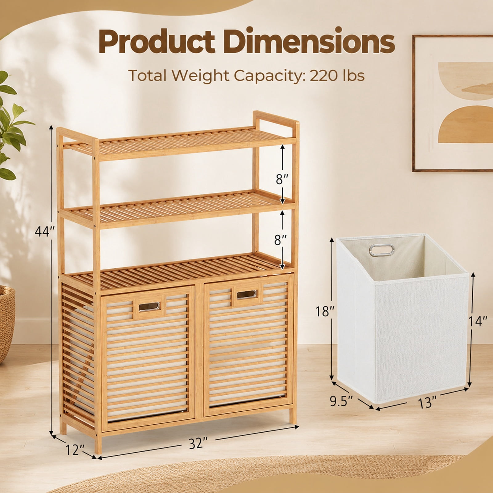 Vebreda Laundry Hamper with 2 Removable 7-Gallon Baskets, Double Tilt-Out Laundry Hamper Cabinet with 3 Open Shelves, Natural Bamboo