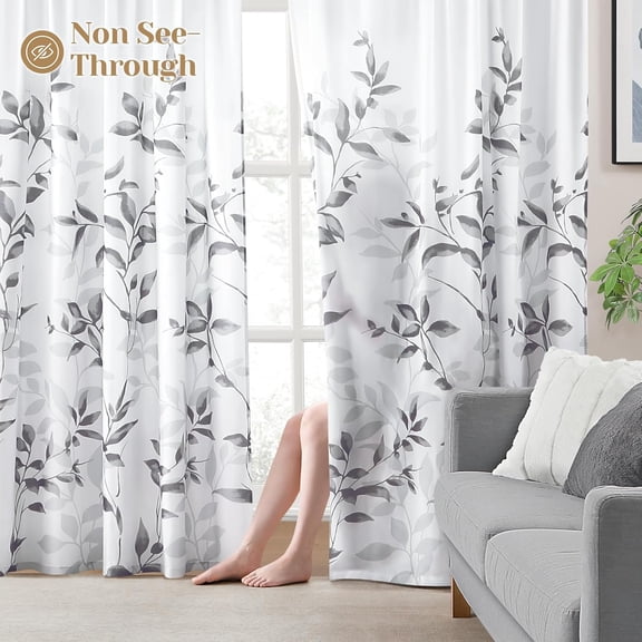 RYJUYJ-Non-See-Through Light Grey and White Privacy Sheer Curtains 52 X 96 Inches Long 2 Panels, Leaf Floral Printed Light Filtering Semi Sheer Window Curtains Drapes for Bedroom Living Room