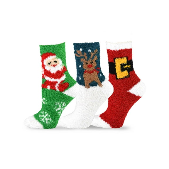 TeeHee Christmas Holiday Cozy Fuzzy Crew Socks 3-Pack for Women (Santa and Belt)