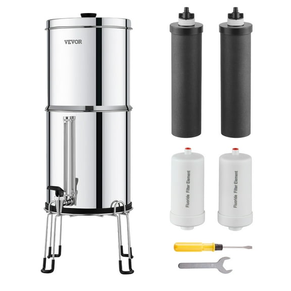 VEVOR Gravity-fed Water Filter System, 2.25G 304 Stainless-Steel Countertop Filtration System, Reduces Lead and up to 99% of Chlorine, with 2 Activated Carbon Filter, 2 Defluorination Filter, Spigot