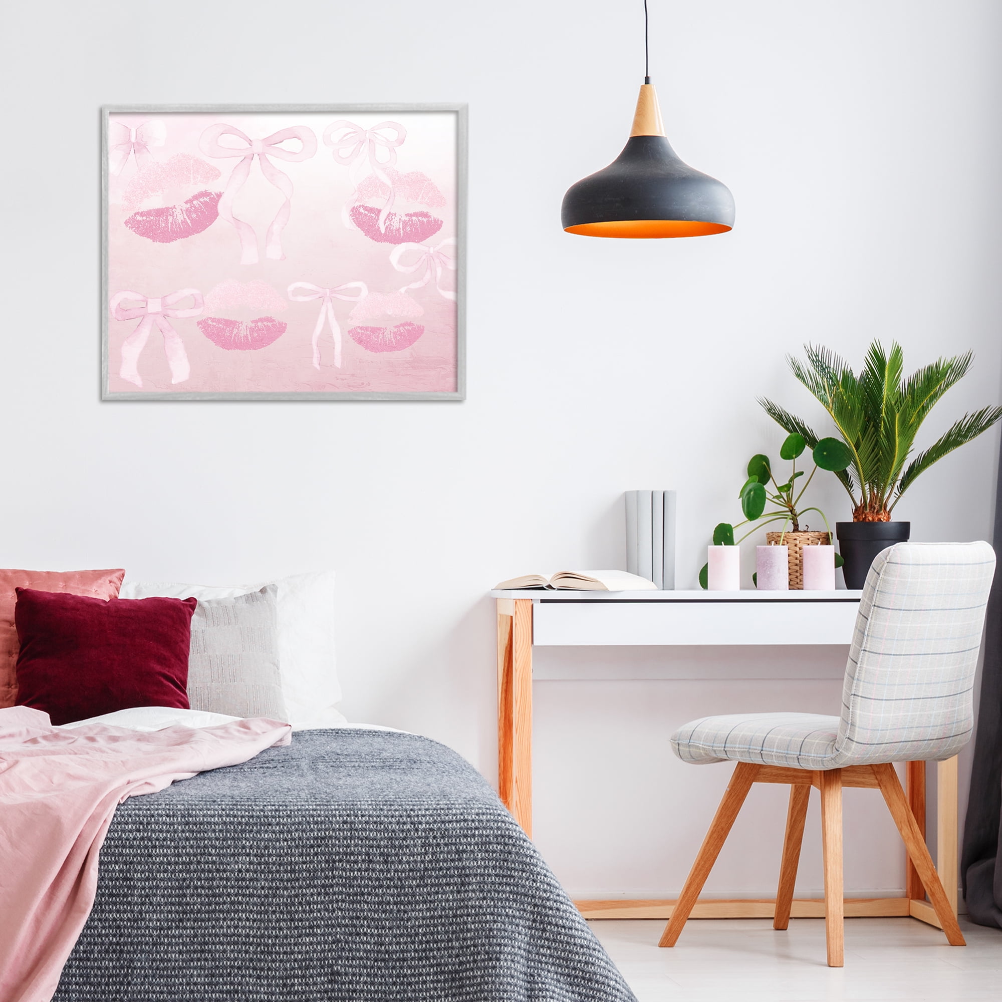 Dreamy Bows & Lips Gray Framed Giclee Art, design by Kim Allen