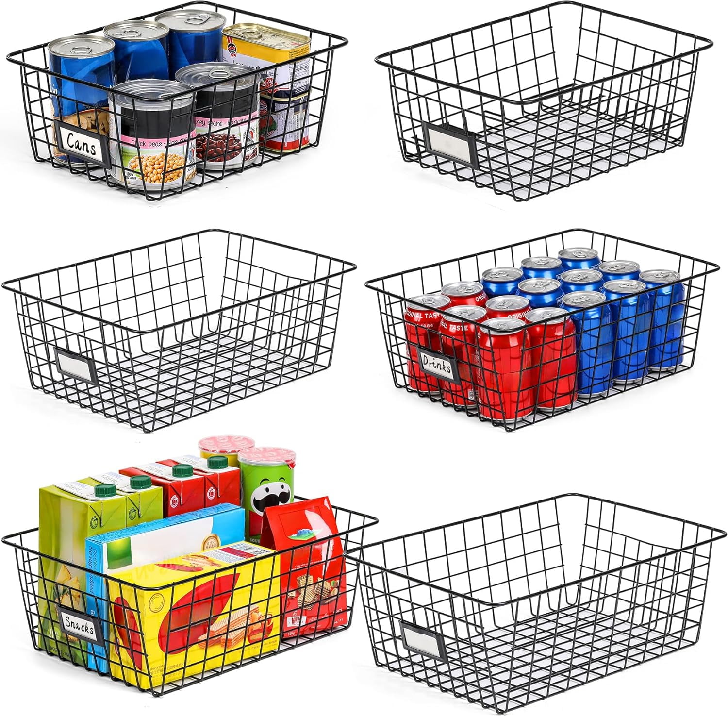 8 Pack Wire Storage Baskets for Organizing with Removable Tags, Pantry Organization Bins for Kitchen Cabinets, Closet - Metal Basket for Laundry, Garage, Refridge, Bathroom Countertop Organizer, Black