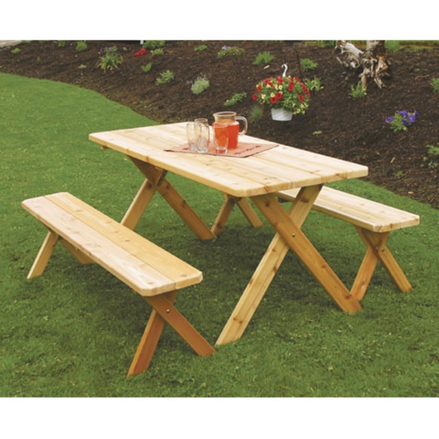 A &amp; L Furniture Western Red Cedar Crossleg Picnic Table with 2 Benches