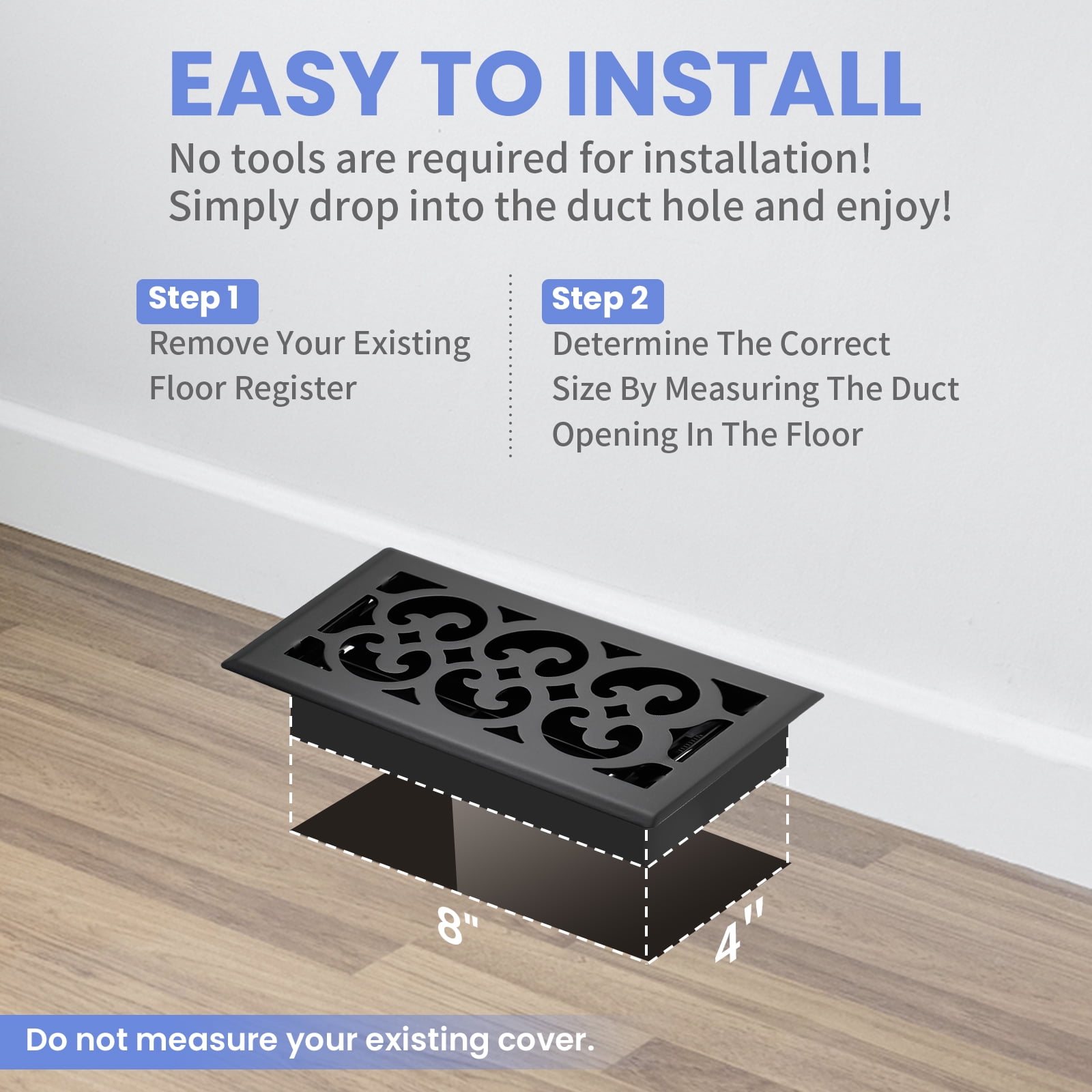 4x8 Inches 2 Pack Heavy Duty Walkable Floor Register Easy Adjust Air Supply Lever Floor Vents - Charlotte Design - Vent Cover for Home Floor - Matte Black