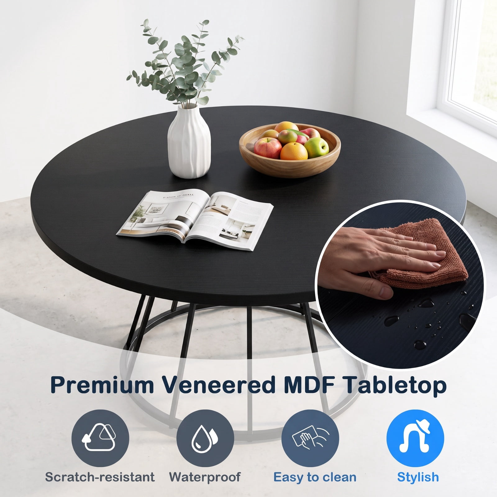 Furnibear 47 Inch Round Farmhouse Dining Table for 4 with Wooden MDF Tabletop