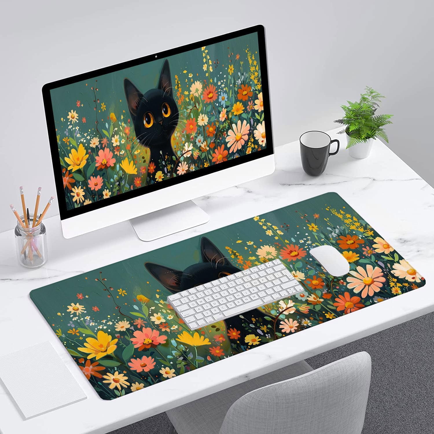 Anime Black Cat Desk Pad Mouse Pad Cute Funny Mousepad XL Large Gaming Mouse Pad Laptop Keyboard Mat Desk Pad Office Home Decor for Women Girl 31.5"x11.8"