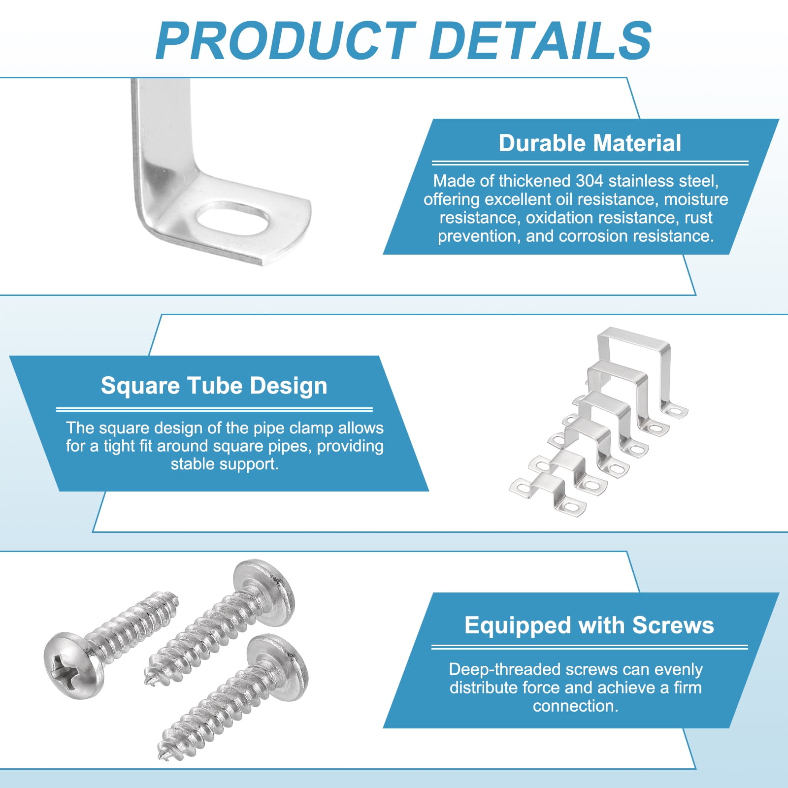 Uxcell 4pcs 4" x 4" Square Pipe Clamp, 304 Stainless Steel U Shaped Connector Bracket Heavy Duty Tube Strap Buckle with Self-Tapping Screws for Tube Installation