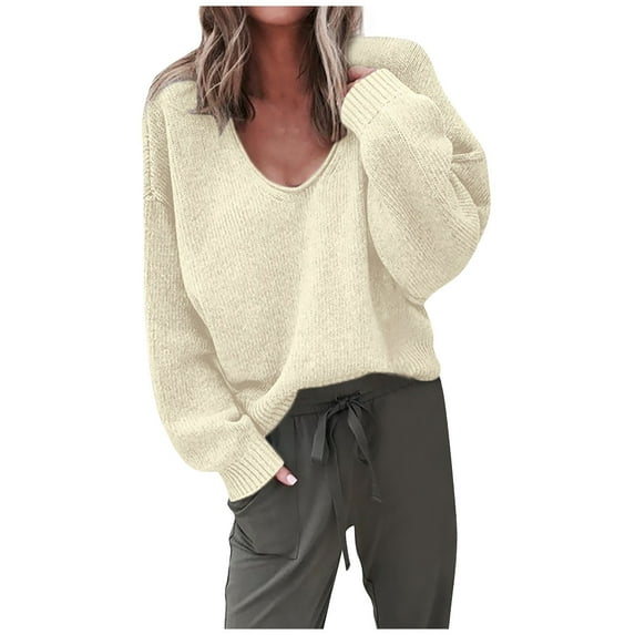 Clearance Oversized Sweaters for Women Sexy Deep V Neck Long Sleeve Cable Knit Sweater Loose Pullover Tops Fall Winter Casual Sweater