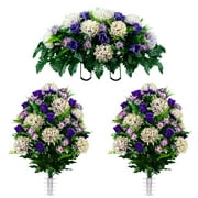 Sympathy Silks Artificial Cemetery Flowers - 2 Lavender Cream Mum and Purple Rose Bouquets & Saddle