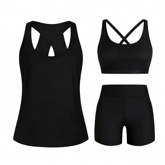 XuJwPNcy 3 Piece Womens Summer Tankini Swimsuits Plus Size Bathing Suits Swimwear Athletic Swim Tank Top with Bra and Boyshorts