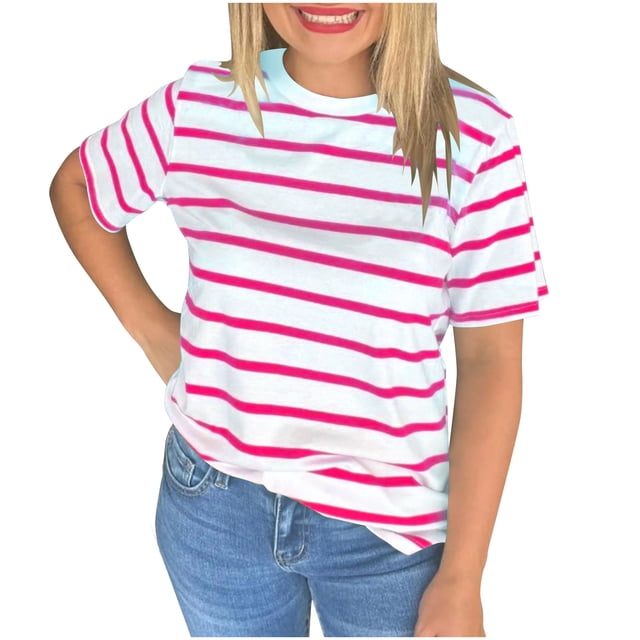 Tii.MM T-Shirts d'Été à Rayures pour Femmes Chic Décontracté Manches Courtes Hauts Amples Col Rond T-Shirt Basique Hauts Vêtements Tendance